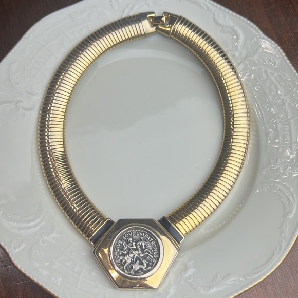 Vintage Kenneth Lane Gold Omega Link Chain Silver Coin Collar Choker Necklace - Picture 7 of 11